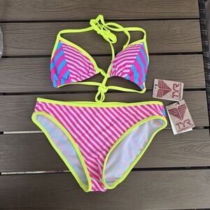 TYR Womens Pink/blue Striped Triangle Top W/ Matching Bikini Size S NEW